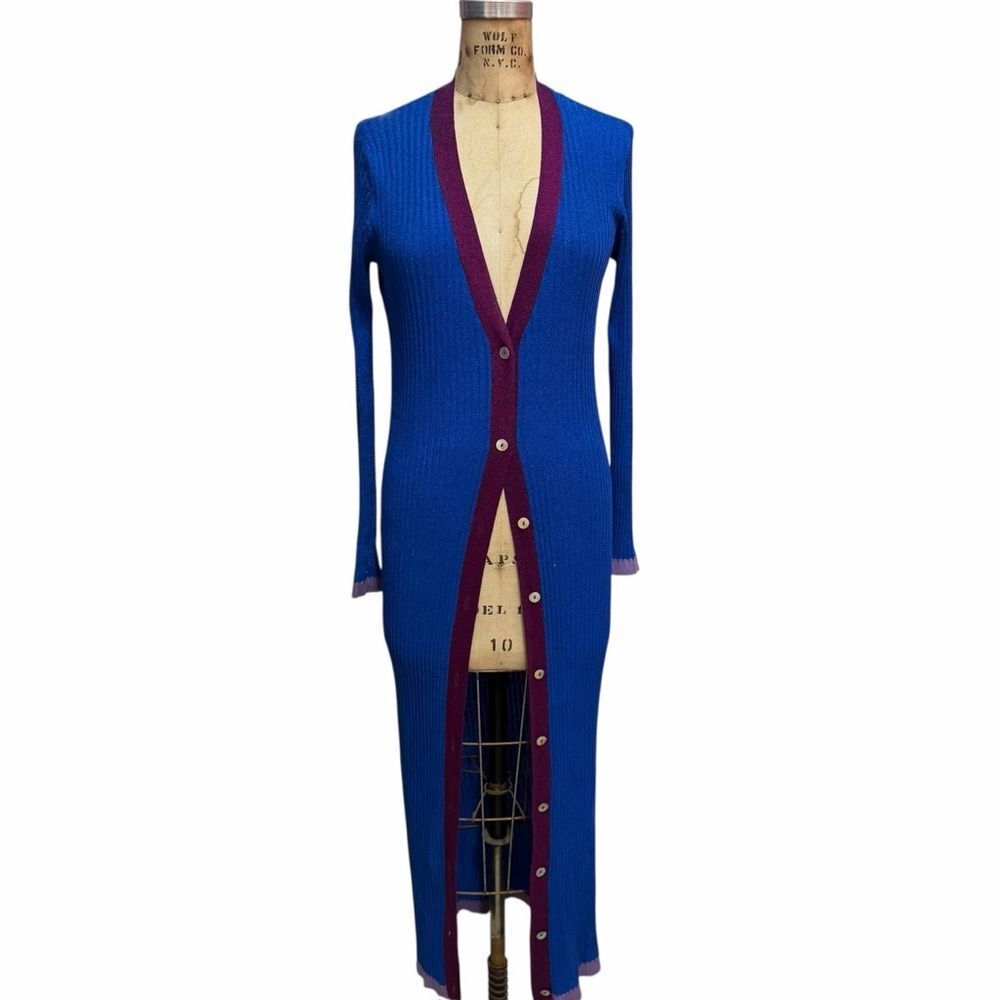 Zara Knit Blue Long Cardigan with Burgundy Trim Size M